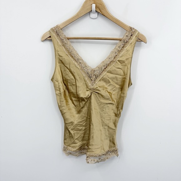 Cache Tops - Vintage Y2K Cache Babydoll Gold Satin Cami Top XSmall Fairy Indie Lace Beaded